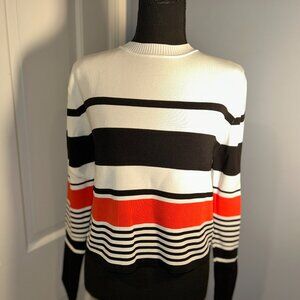 Blessed are the Meek, Striped Long Sleeve Sweater, white,black, orange, Size 10
